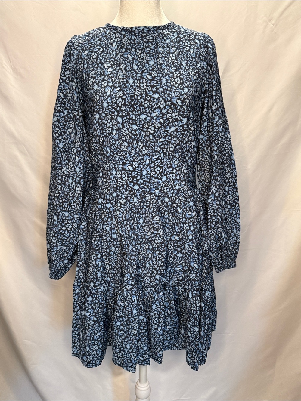 Chelsea28 Navy and Light Blue Floral Long-Sleeve Tiered Dress